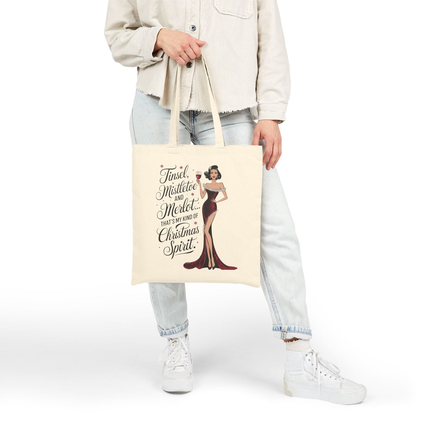 Christmas Merlot Tote Bag — "Tinsel, Mistletoe and Merlot" Canvas Shopper