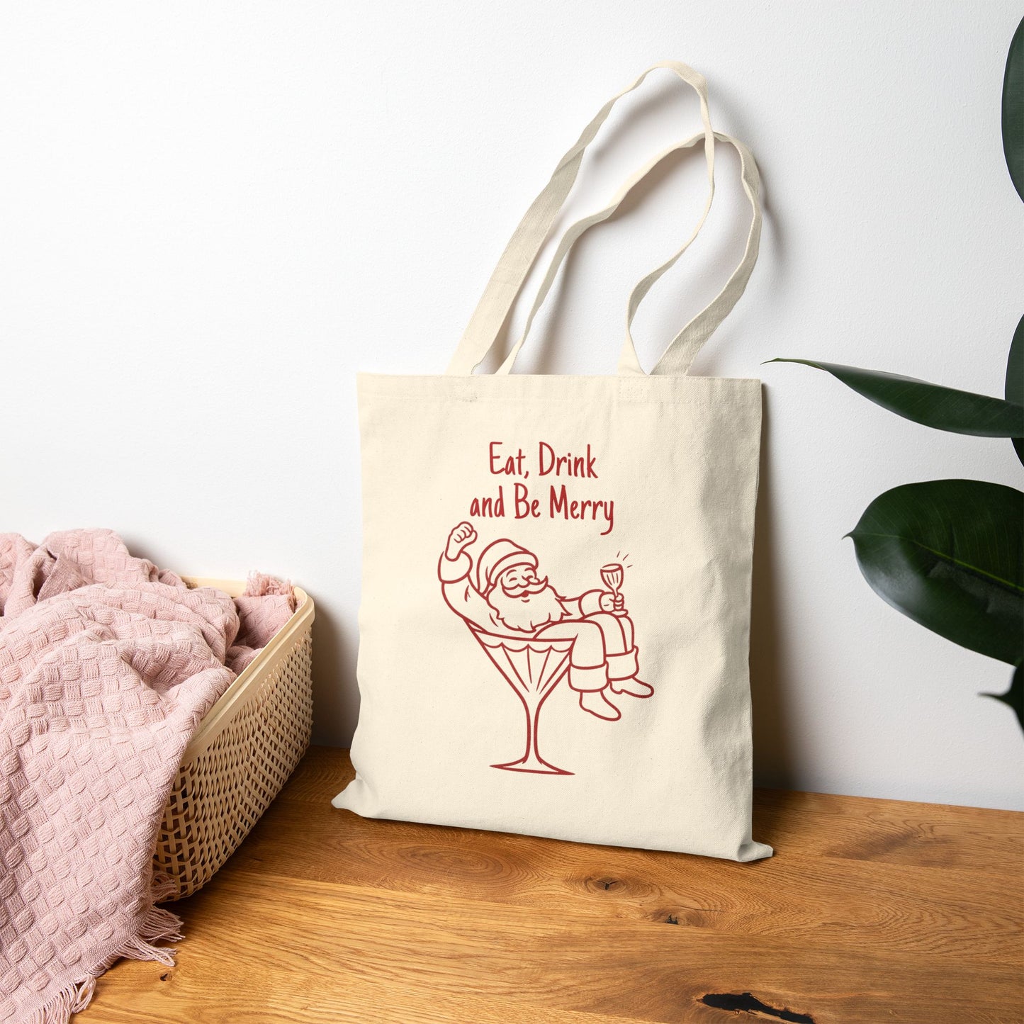 Eat, Drink and Be Merry Santa Cocktail Holiday Tote