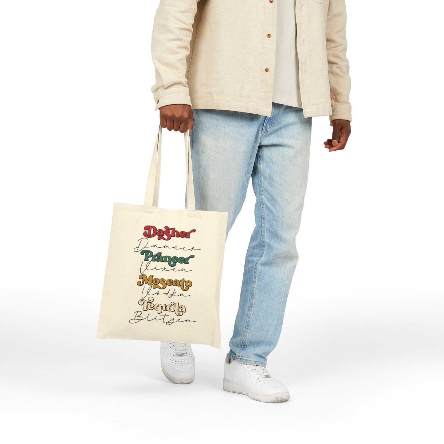 Drinking Reindeer Names Stack Tote — Holiday Canvas Tote