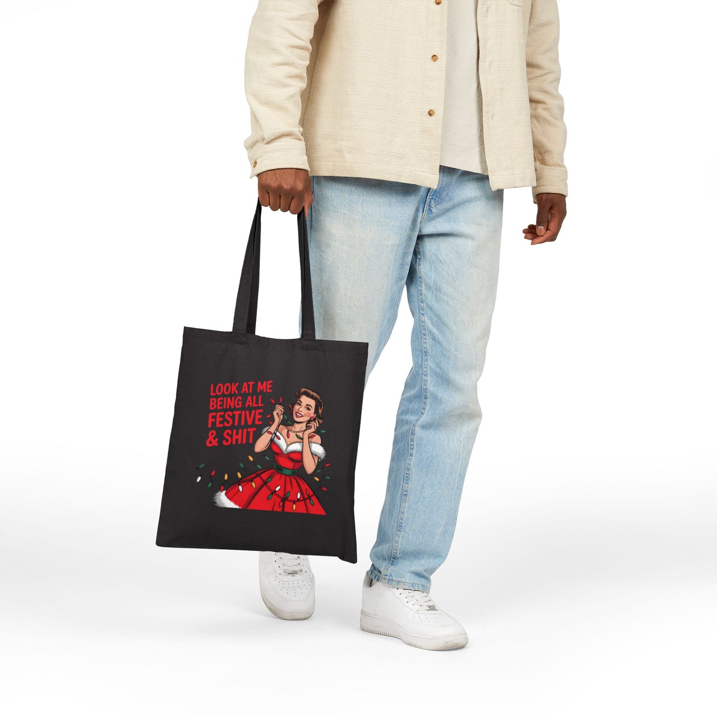 Festive & Shit Tote Bag – Retro Christmas Canvas Shopper