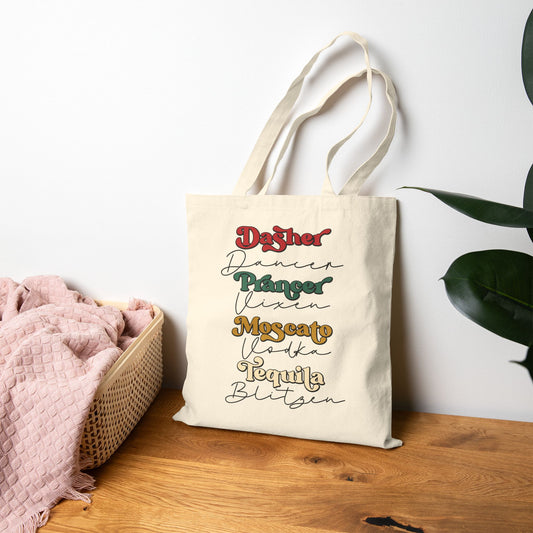 Drinking Reindeer Names Stack Tote — Holiday Canvas Tote