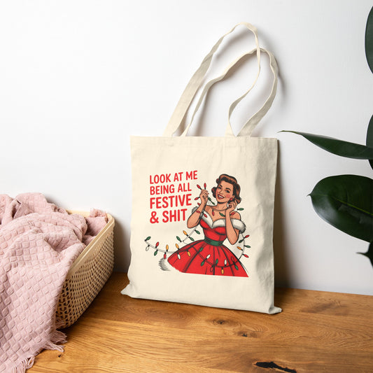 Festive & Shit Tote Bag – Retro Christmas Canvas Shopper