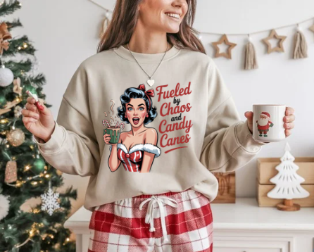 Fueled by Chaos and Candy Canes Holiday Sweatshirt - Retro Christmas Crewneck