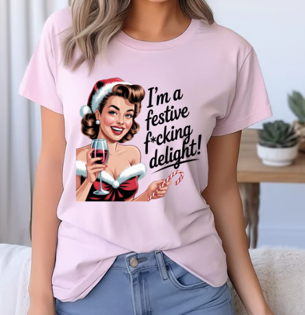 Festive F*ing Delight Holiday Tee - Retro Christmas Wine Party Shirt