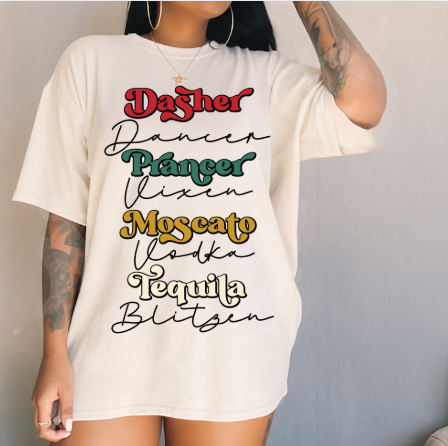 Drinking Reindeer Names Stack Tee — Holiday Graphic T-Shirt