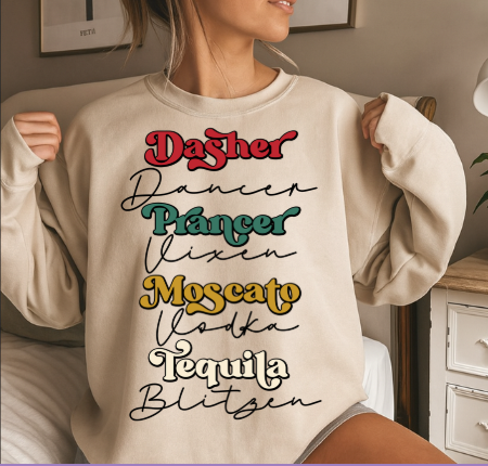 Drinking Reindeer Names Stack Sweatshirt — Holiday Graphic Crewneck