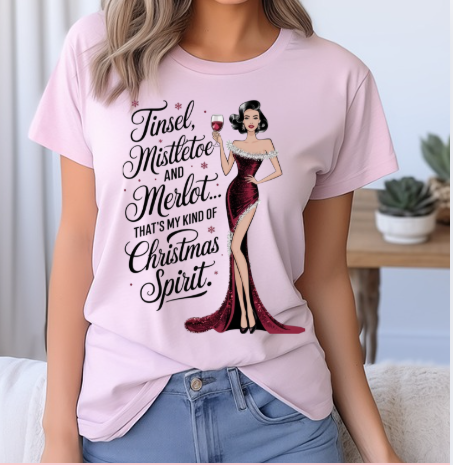 Christmas Merlot Tee — "Tinsel, Mistletoe and Merlot" Holiday Shirt