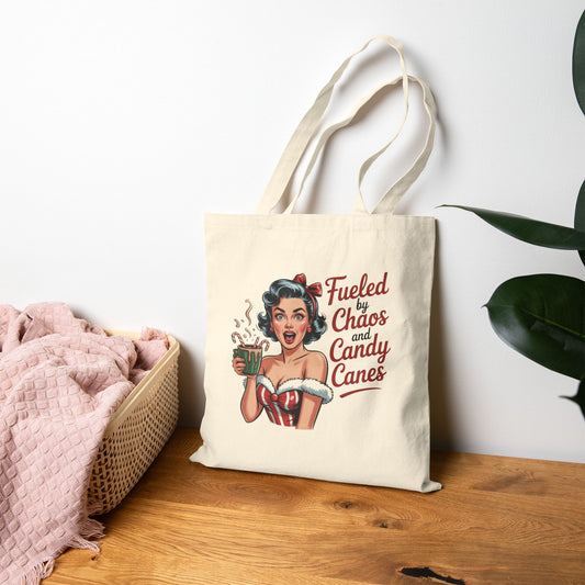 Fueled by Chaos and Candy Canes Holiday Tote - Retro Christmas Tote