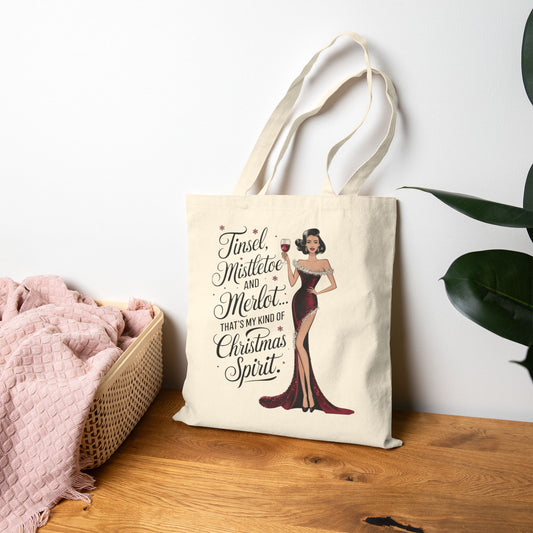 Christmas Merlot Tote Bag — "Tinsel, Mistletoe and Merlot" Canvas Shopper