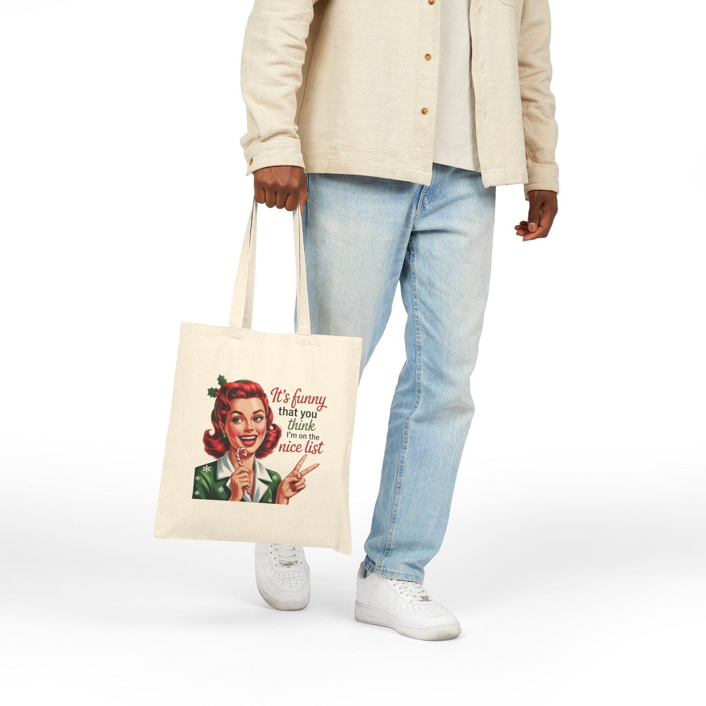 Retro Christmas Tote Bag — "It's funny that you think I’m on the nice list" Cotton Canvas Gift Bag